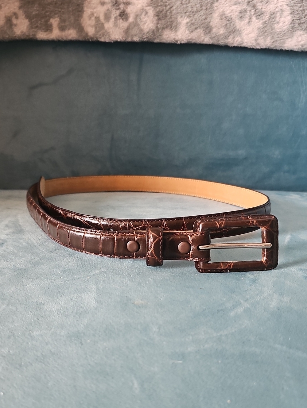 WCM New York Genuine Italian Calfskin Leather Belt Brown Croc Embossed Women's L